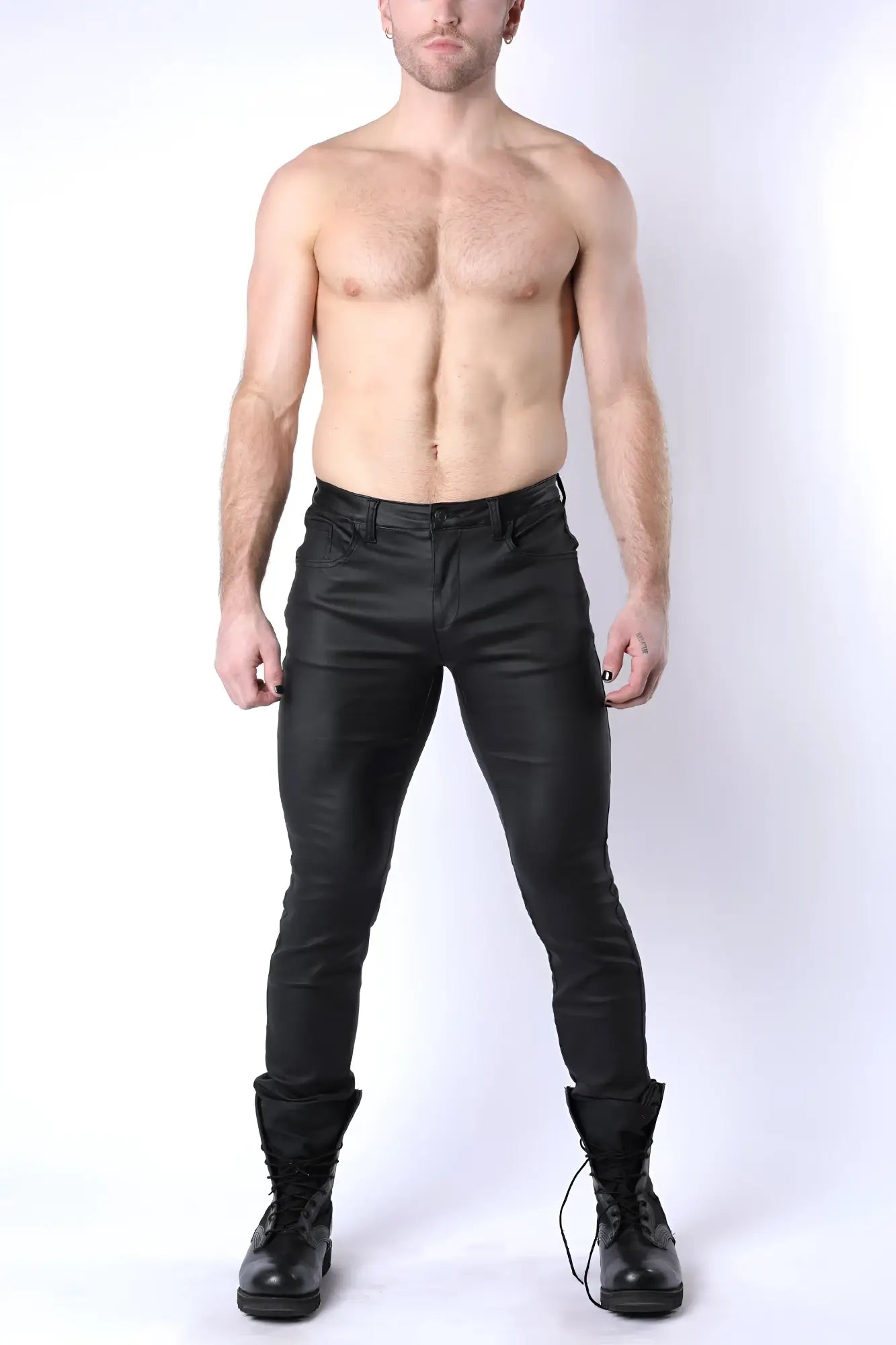 Black faux leather slim-fit toro zipper pant featuring a sleek design ideal for stylish casual wear