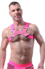 Bright pink shiny plastic transistor harness featuring a central x-shaped design and freesticker embossed logo