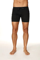 Black transition yoga shorts with sleek minimalist design and subtle waistband branding for comfortable workouts