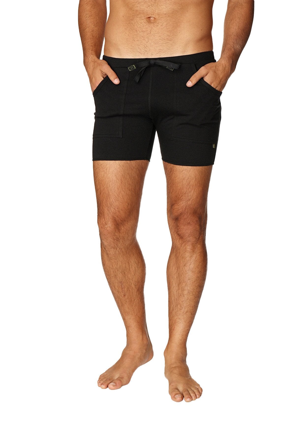 Black transition yoga shorts with sleek modern design and subtle side branding for comfortable activewear
