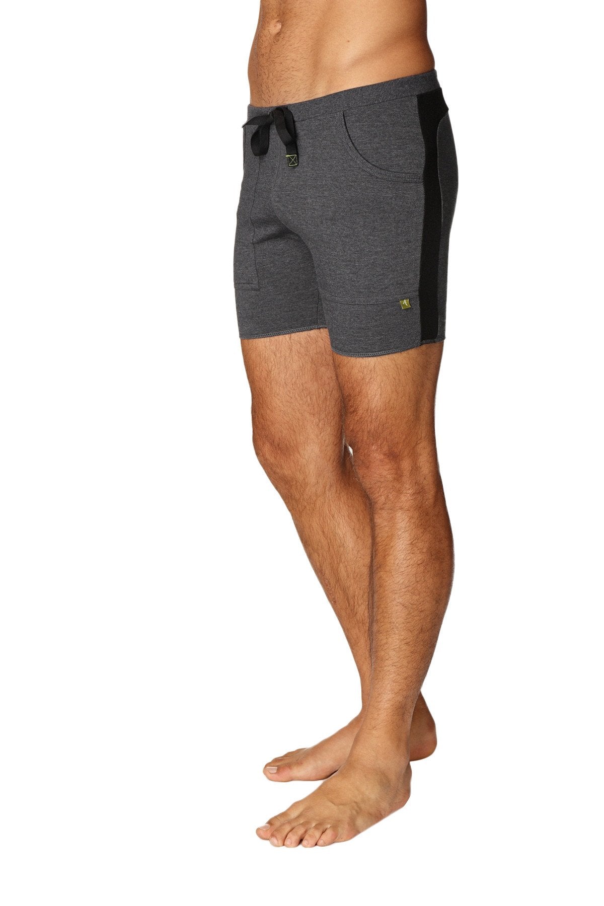 Transition yoga short in charcoal heathered fabric with black side panels and a drawstring waistband