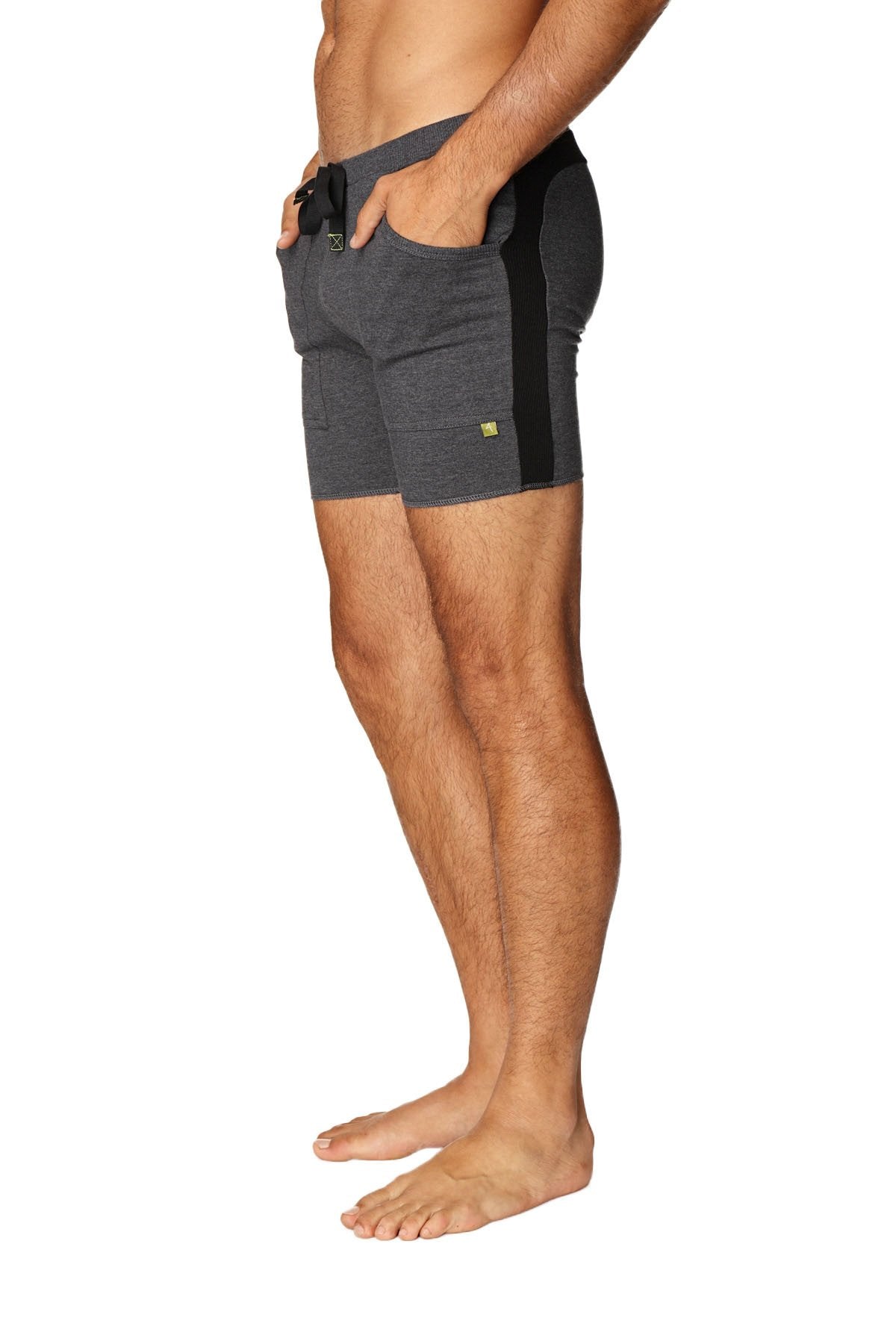 Transition yoga short in charcoal with black side panels featuring a drawstring waistband for athletic use