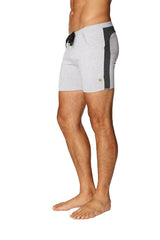 Transition yoga short in grey heathered fabric with black side panel and drawstring waistband for activewear use