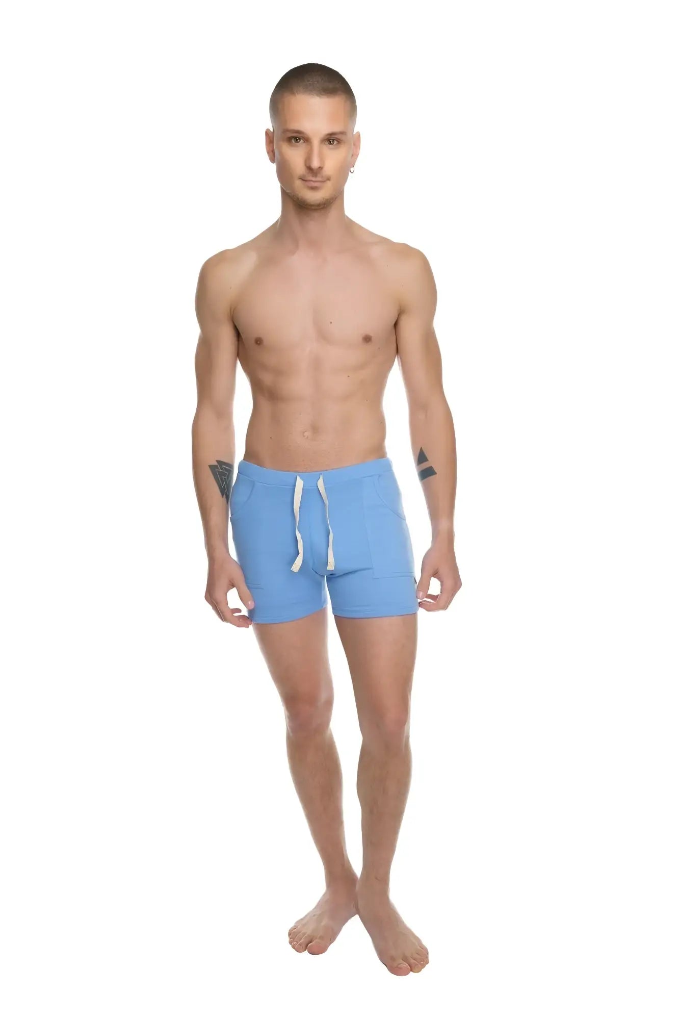 Light blue transition yoga shorts with white drawstrings designed for athletic and casual wear