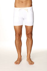 White transition yoga shorts with drawstring waistband and side pockets suitable for athletic wear