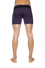 Transition yoga shorts in eggplant with black side stripes and matching elastic waistband for athletic use