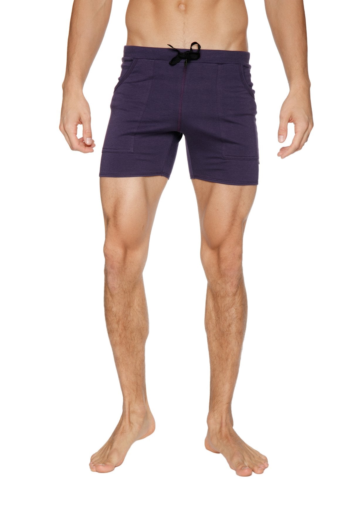 Transition yoga shorts in navy blue with a black drawstring waistband and two side pockets for active wear