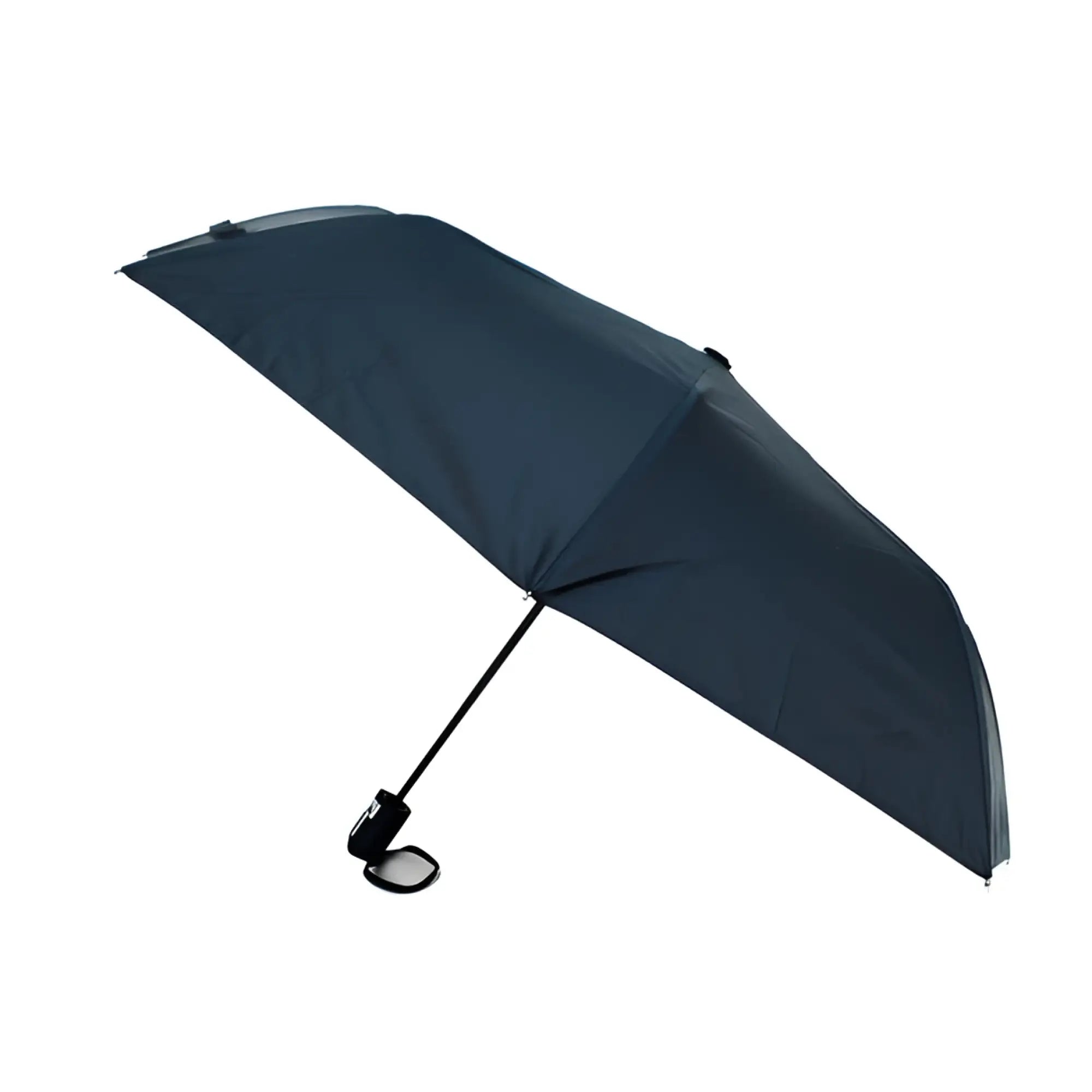 Dark navy travel umbrella with a sleek black handle and clip foldable for convenient portability