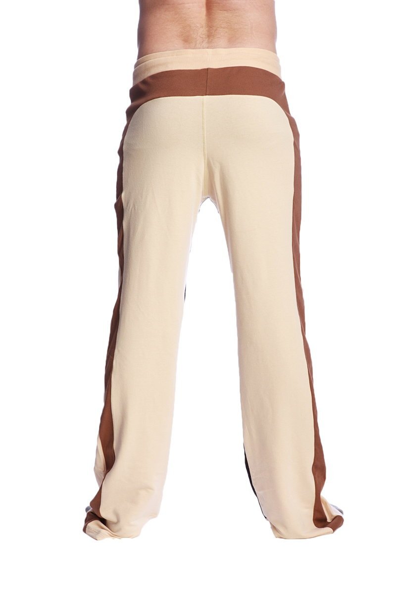 Beige and brown striped tri-color stretch eco-track and yoga sweat pant with a comfortable loose fit