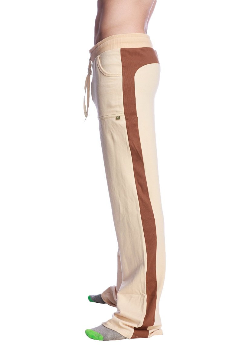 Beige and brown side-striped stretch eco-track and yoga sweat pants with drawstring waistband in sand chocolate and black