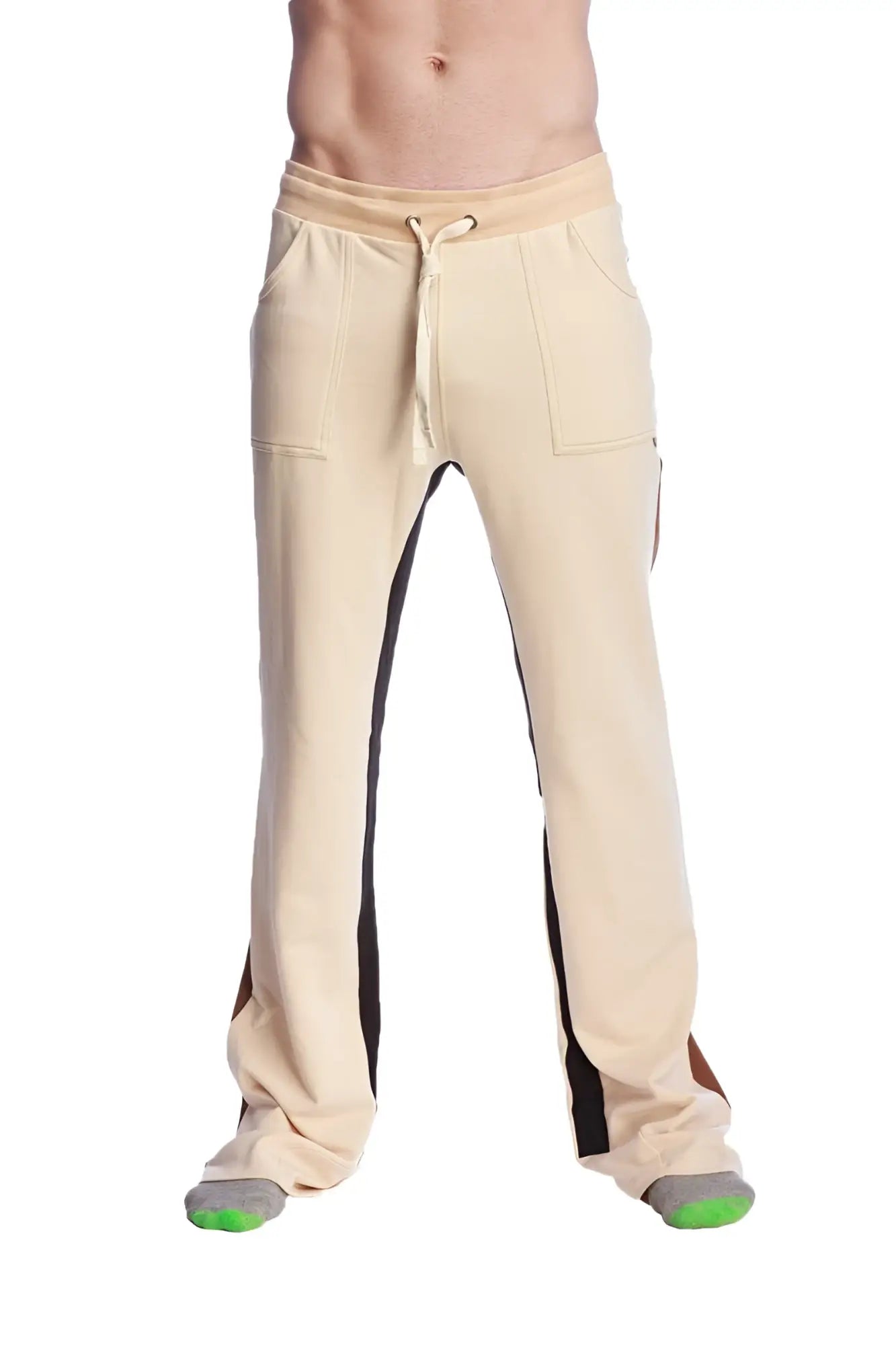 Beige tri-color stretch eco-track and yoga sweat pant with black side stripes and drawstring waistband