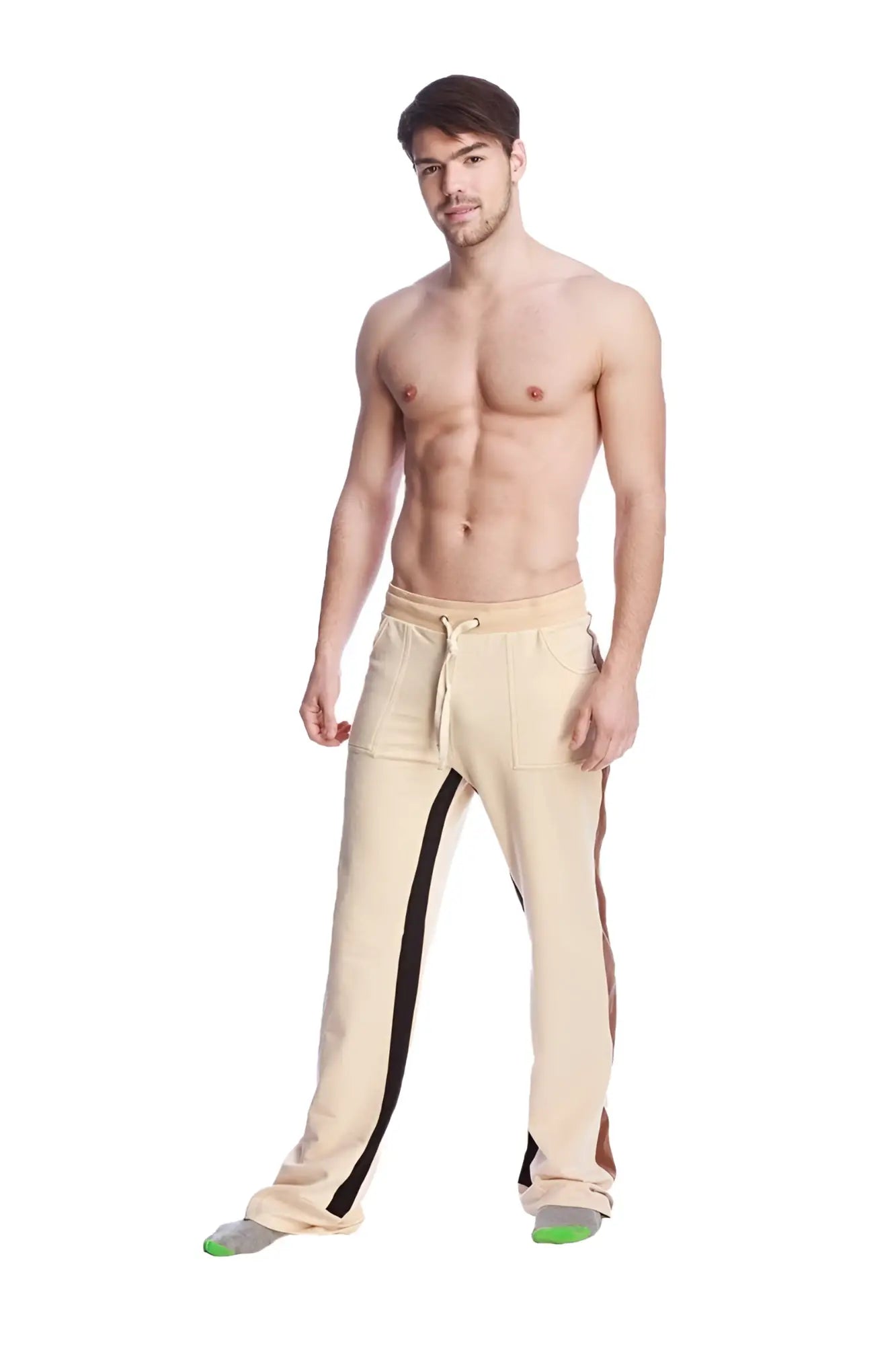 Beige tri-color stretch eco-track and yoga sweat pant with black side stripes and drawstring waistband