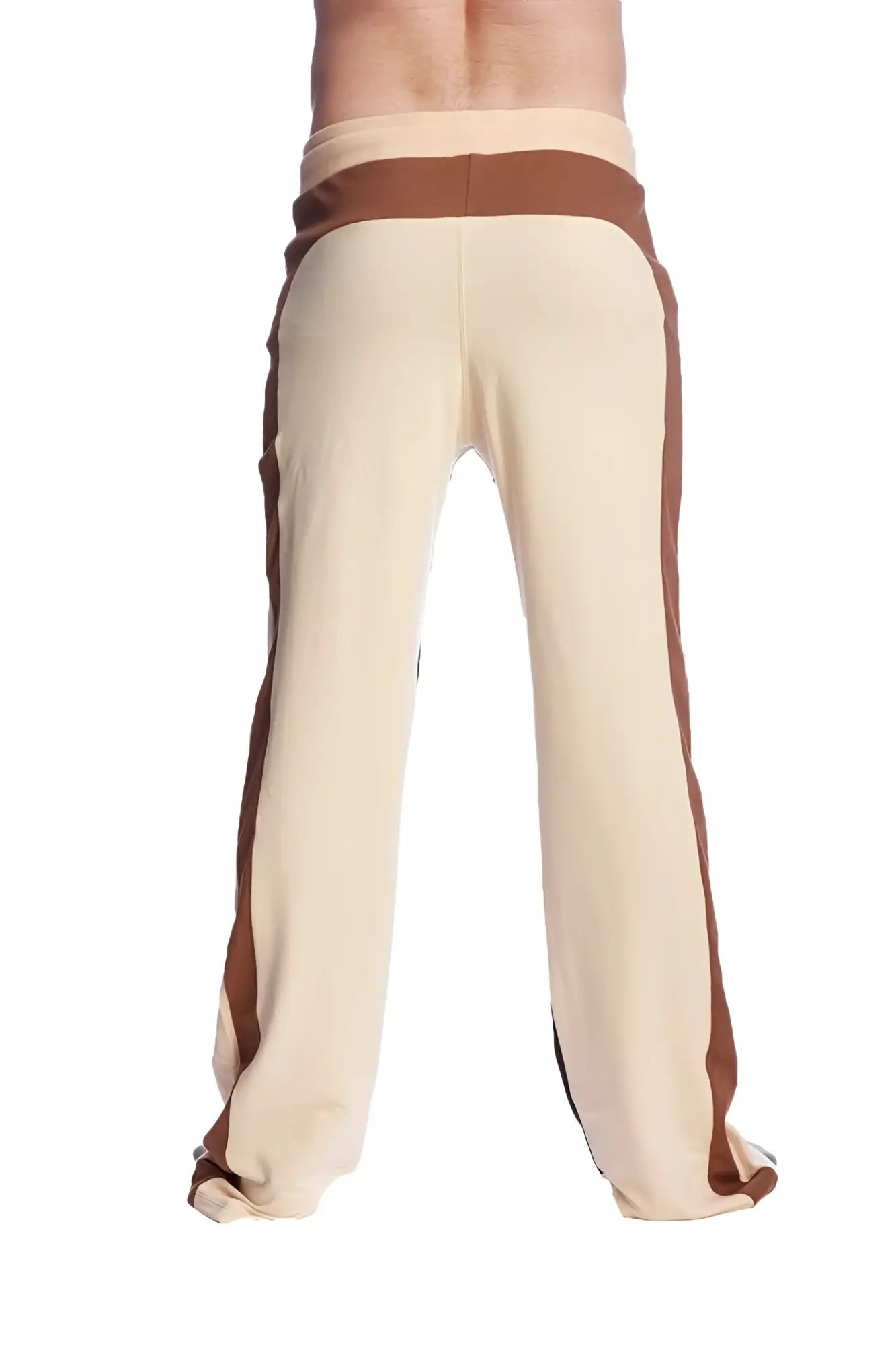 Beige and brown striped tri-color stretch eco-track and yoga sweat pant with a comfortable loose fit