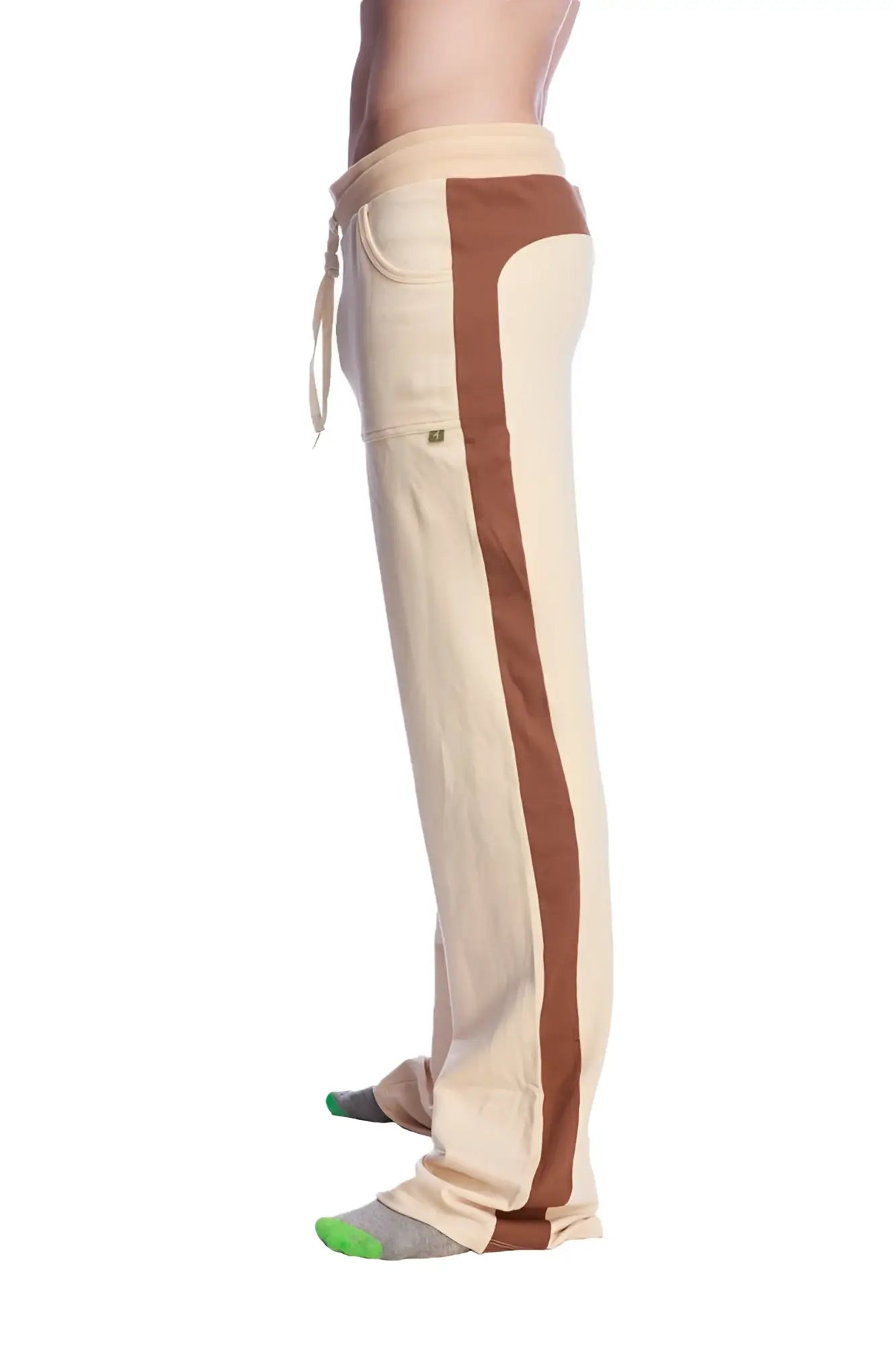 Beige and brown side-striped stretch eco-track and yoga sweat pants with drawstring waistband in sand chocolate and black