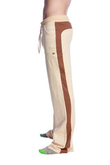 Beige and brown side-striped stretch eco-track and yoga sweat pants with drawstring waistband in sand chocolate and black