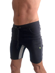 Black tri-color ultra-flex yoga track shorts with gray side panels and a drawstring waistband for athletic use