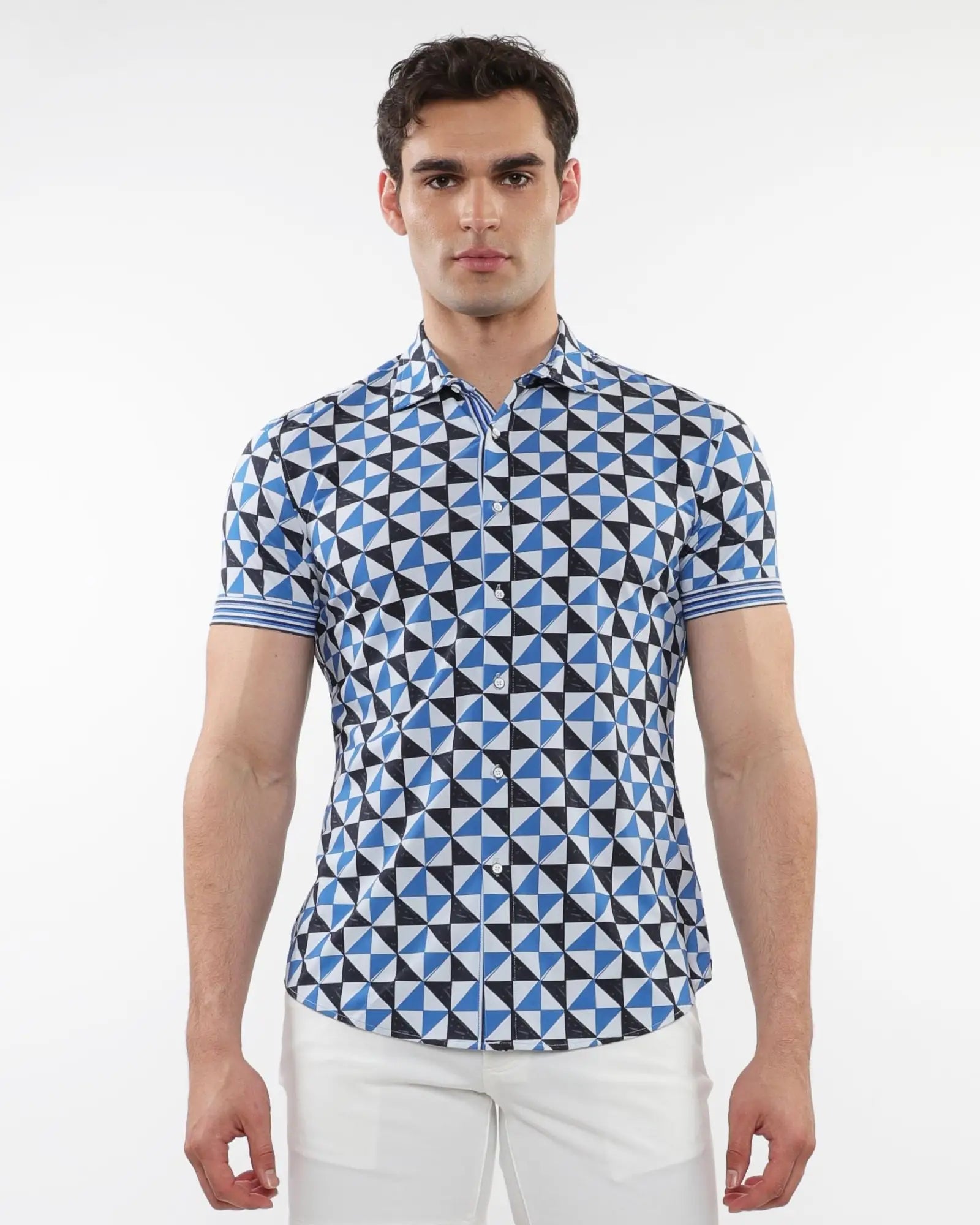 Blue and black geometric patterned performance short sleeve button down shirt with striped cuffs for activewear