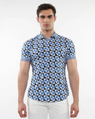 Blue and black geometric patterned performance short sleeve button down shirt with striped cuffs for activewear