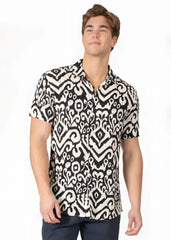 Black and white short-sleeved button-up tribal abstract s s shirt with intricate ikat pattern perfect for casual wear