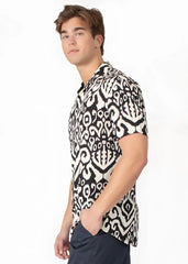 Tribal abstract s s shirt with black and white intricate ikat pattern short sleeved button up shirt