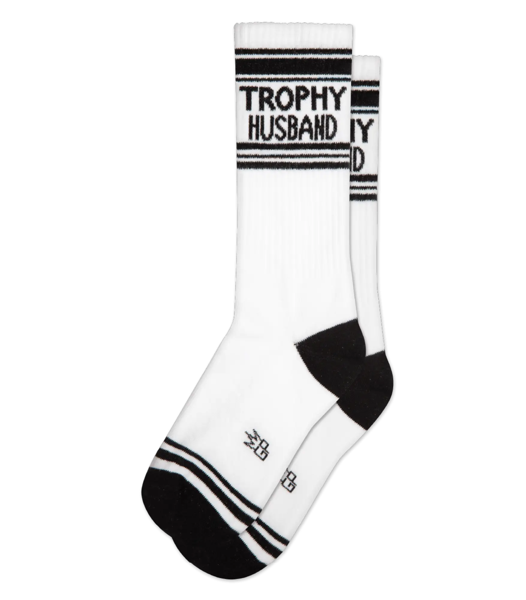 White athletic crew socks with black stripes and trophy husband text on cuff featuring a small logo near the toe