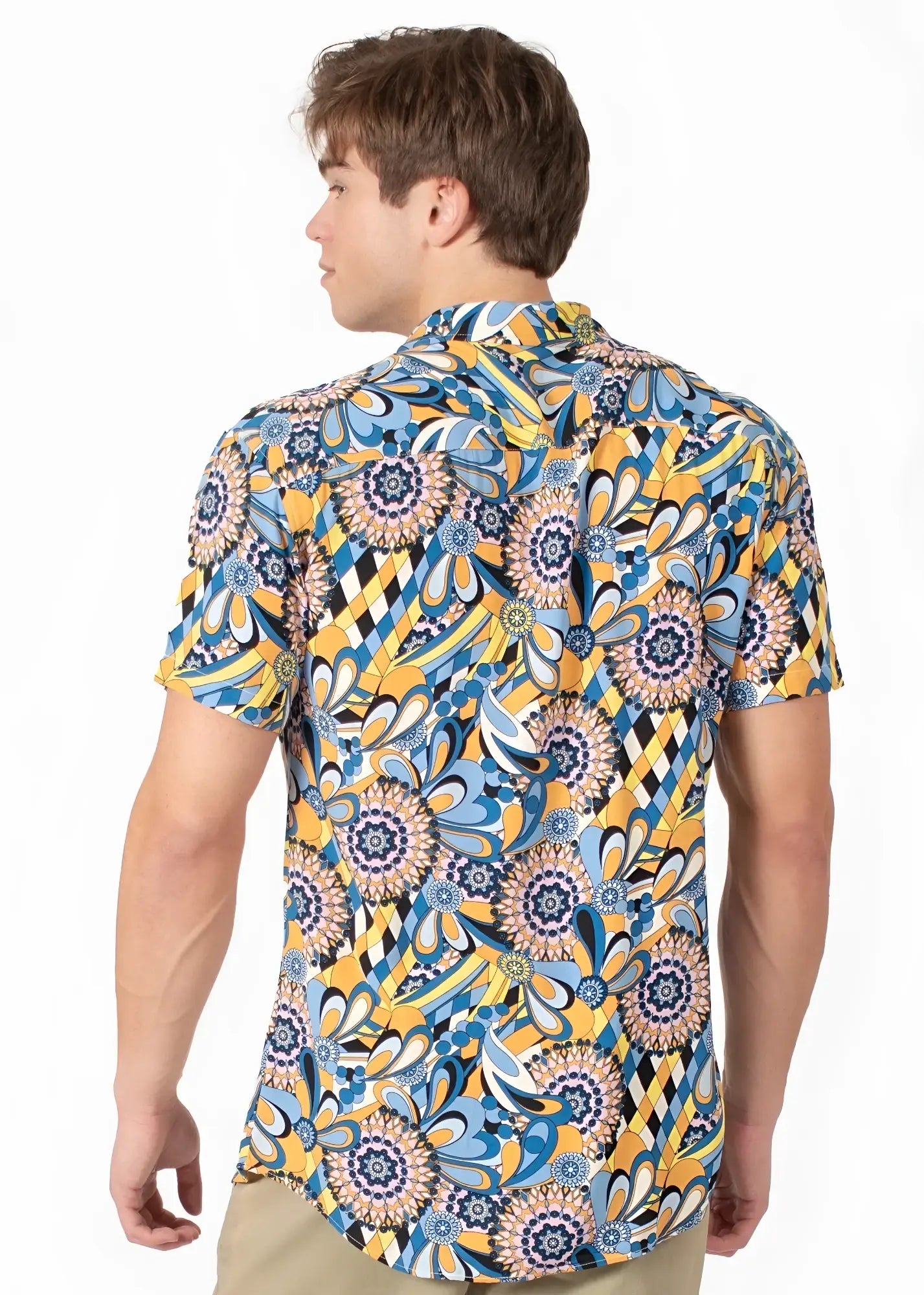 Tropical abstract s s shirt featuring vibrant blue and yellow floral short sleeves with intricate paisley designs
