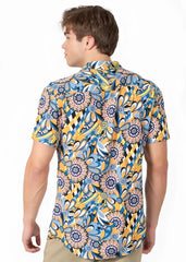 Tropical abstract s s shirt featuring vibrant blue and yellow floral short sleeves with intricate paisley designs