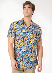 A vibrant blue and yellow floral-patterned tropical abstract short-sleeve button-up shirt with a classic collar
