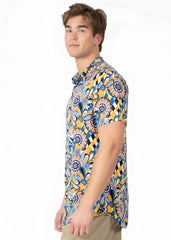 A vibrant blue and yellow patterned tropical abstract short-sleeved button-up shirt with floral and geometric designs