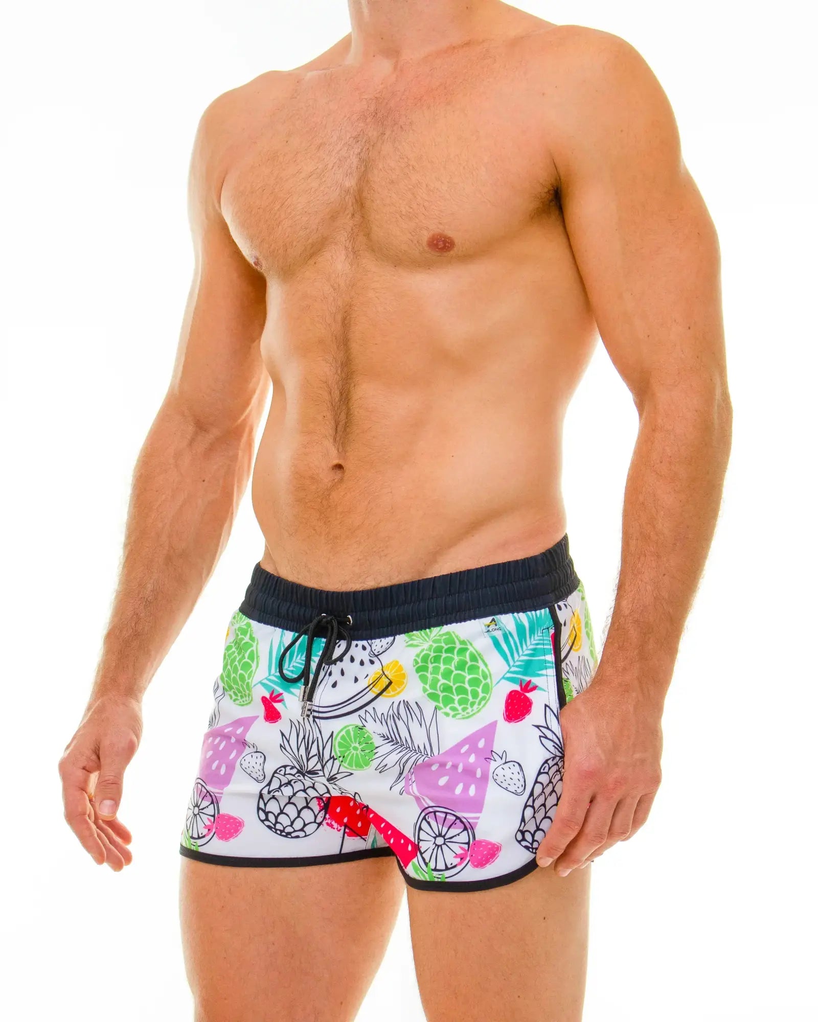 White tropical fruit swim short with colorful pineapple watermelon and strawberry pattern for beachwear