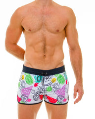 White tropical fruit swim short with colorful pineapple watermelon and strawberry print perfect for beachwear