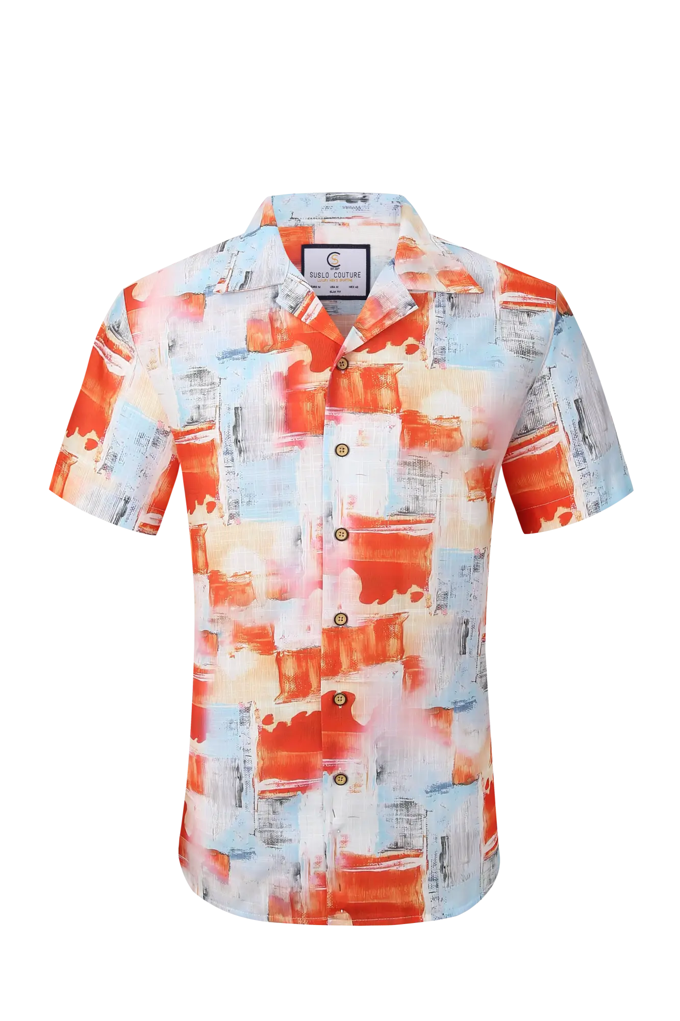 Vibrant orange and light blue abstract brushstroke patterned short-sleeved button-up shirt from tropics collection ss shirt