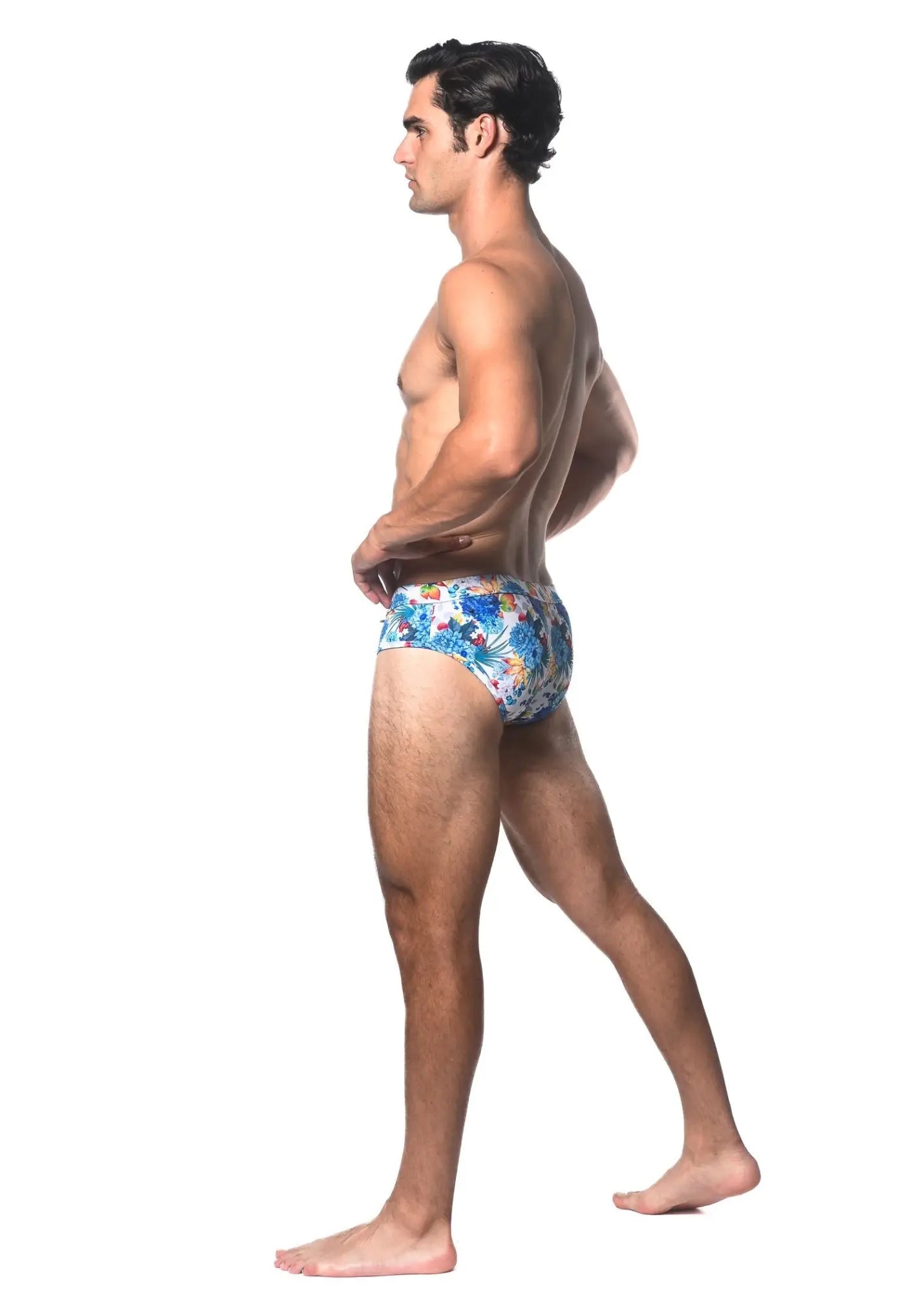 Men’s blue floral patterned tropics printed swim brief designed for swimming and beachwear