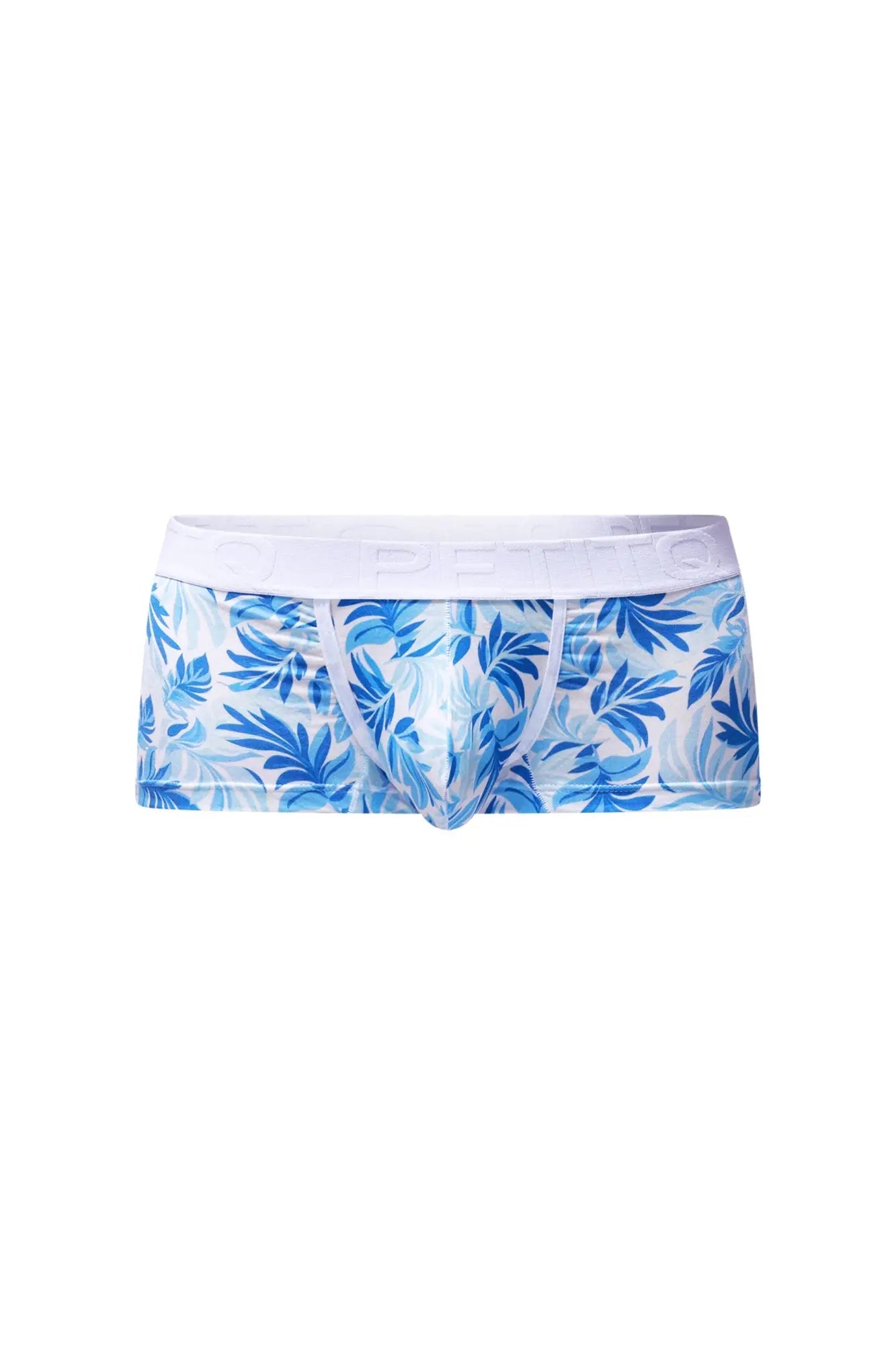 Blue tropical leaf patterned men’s briefs with white elastic waistband trunk maeha front view