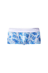 Blue tropical leaf patterned men’s briefs with white elastic waistband trunk maeha front view