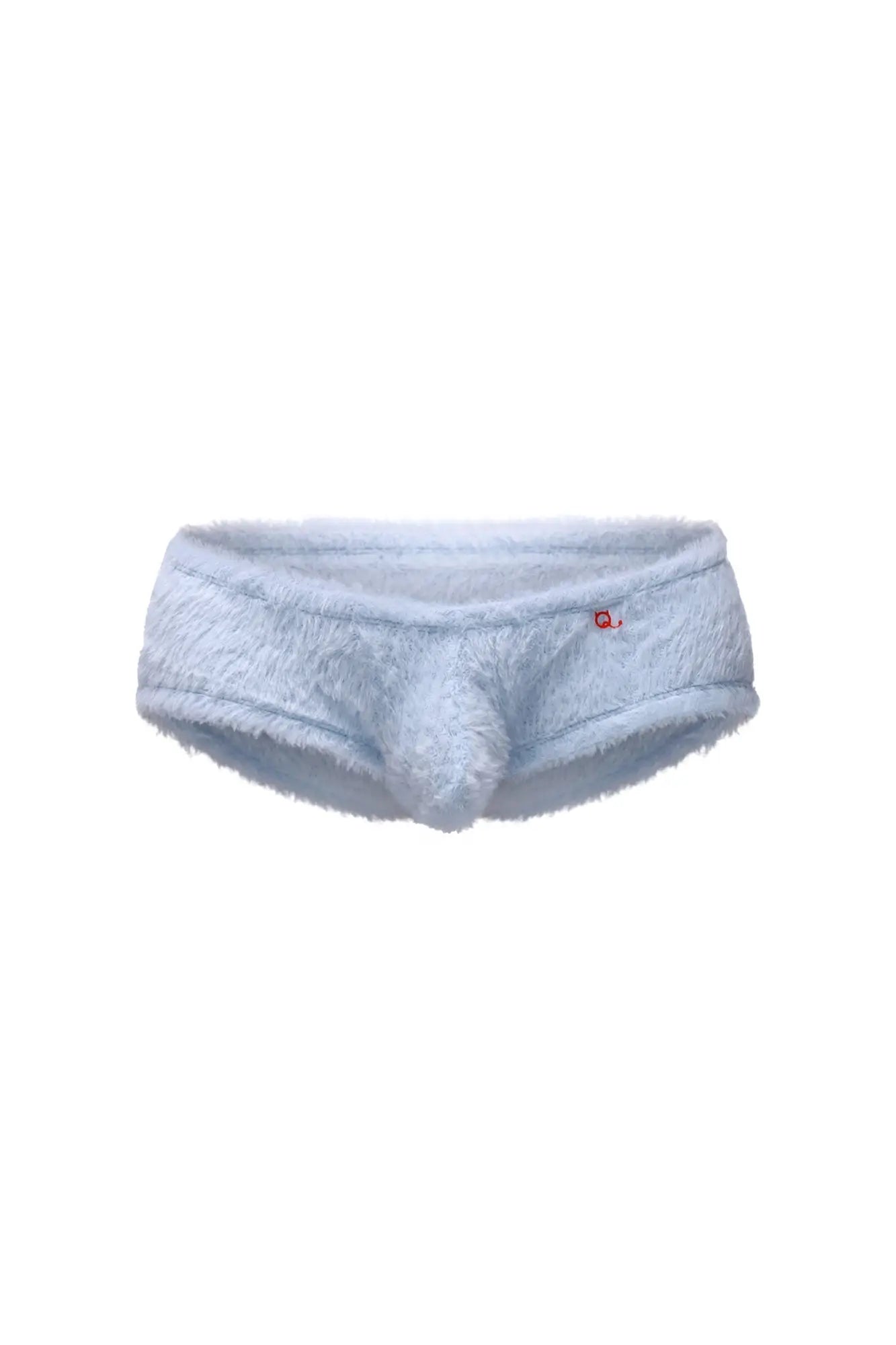 Light blue fuzzy men’s trunks with soft plush texture and small red logo on the waistband called trunk yeti blue