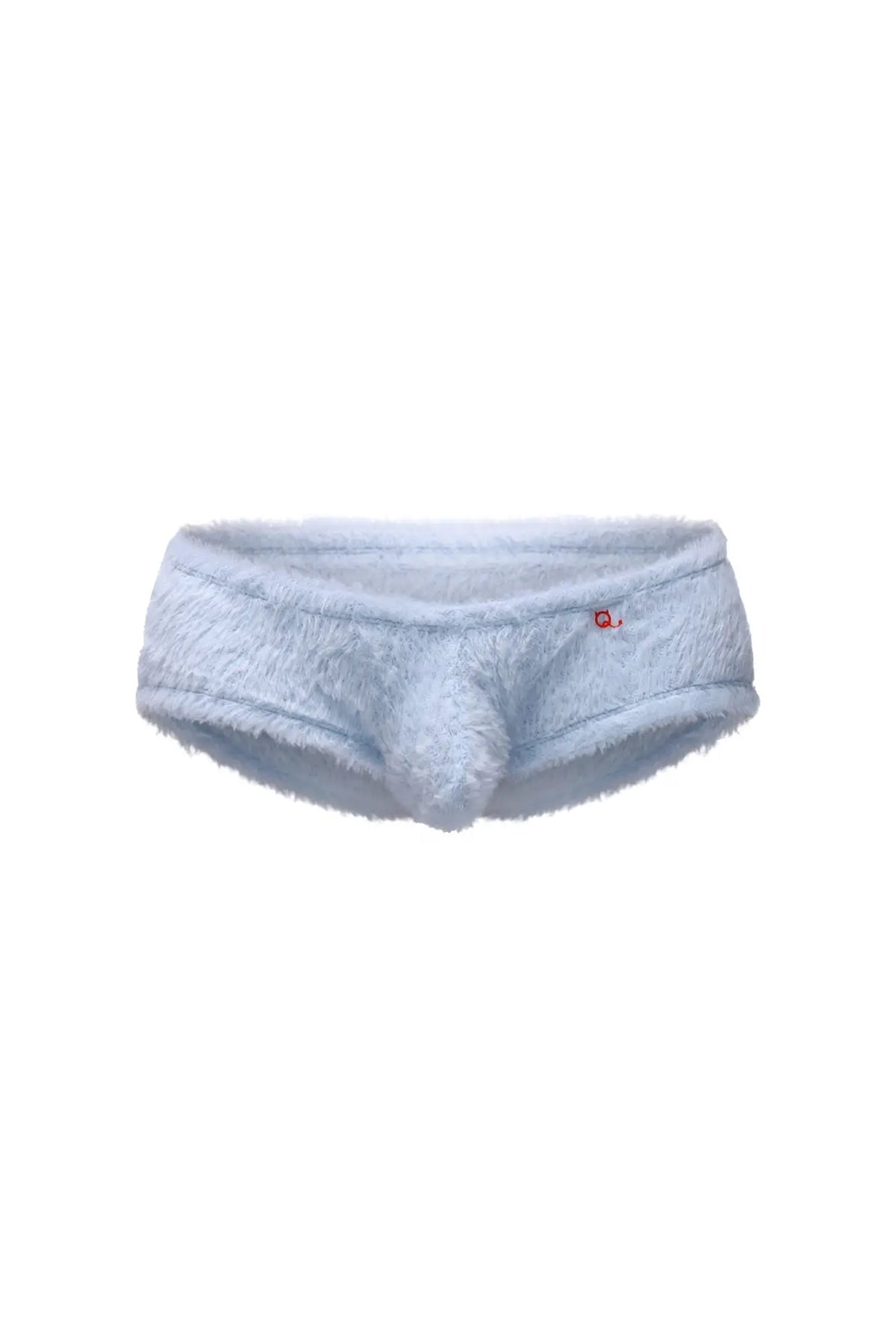 Light blue fuzzy men’s trunks with soft plush texture and small red logo on the waistband called trunk yeti blue