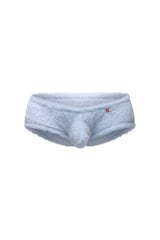 Light blue fuzzy men’s trunks with soft plush texture and small red logo on the waistband called trunk yeti blue