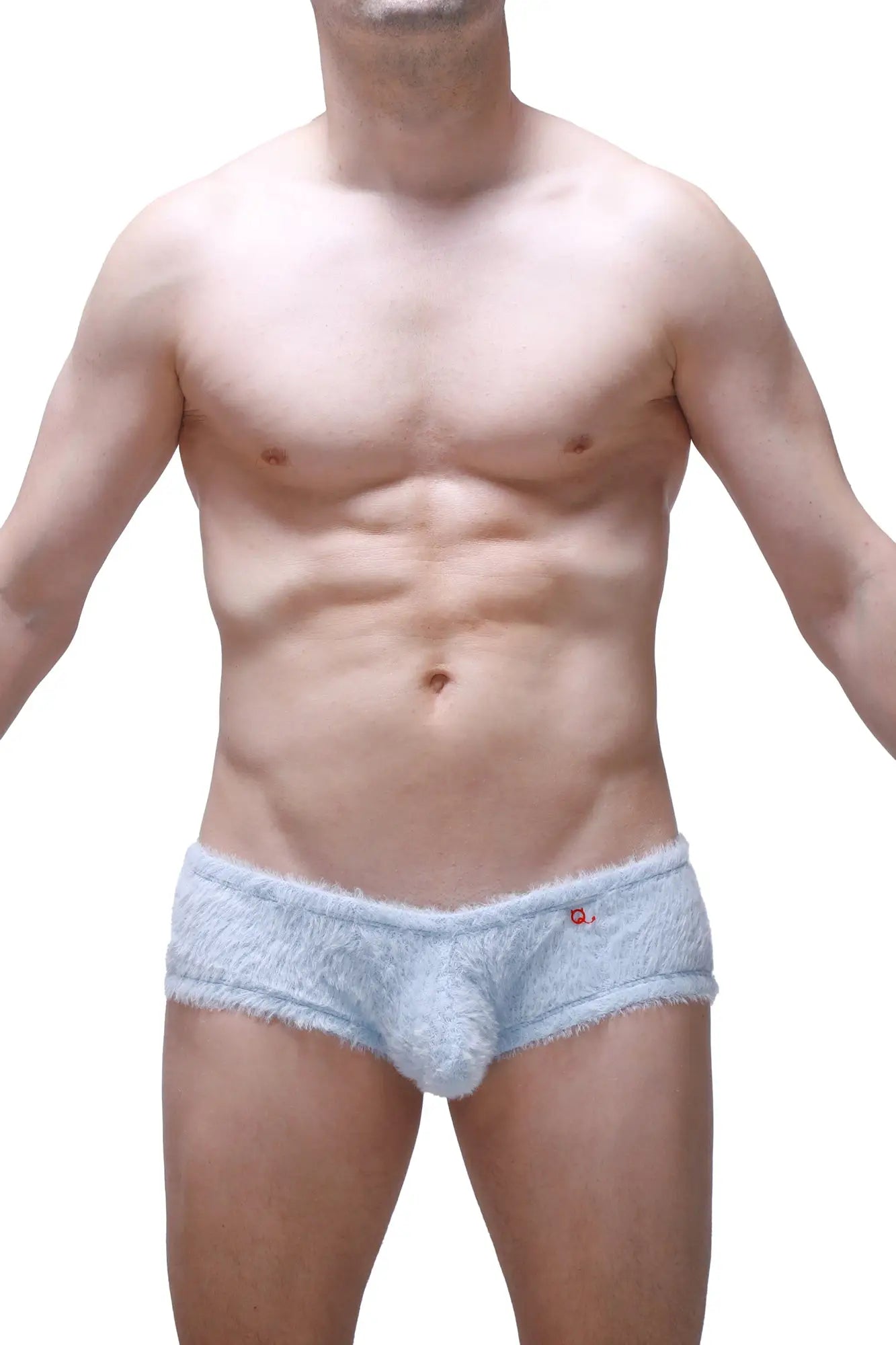 Light blue fuzzy men’s trunk underwear with plush textured material and a small red logo on the waistband