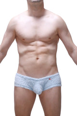 Light blue fuzzy men’s trunk underwear with plush textured material and a small red logo on the waistband