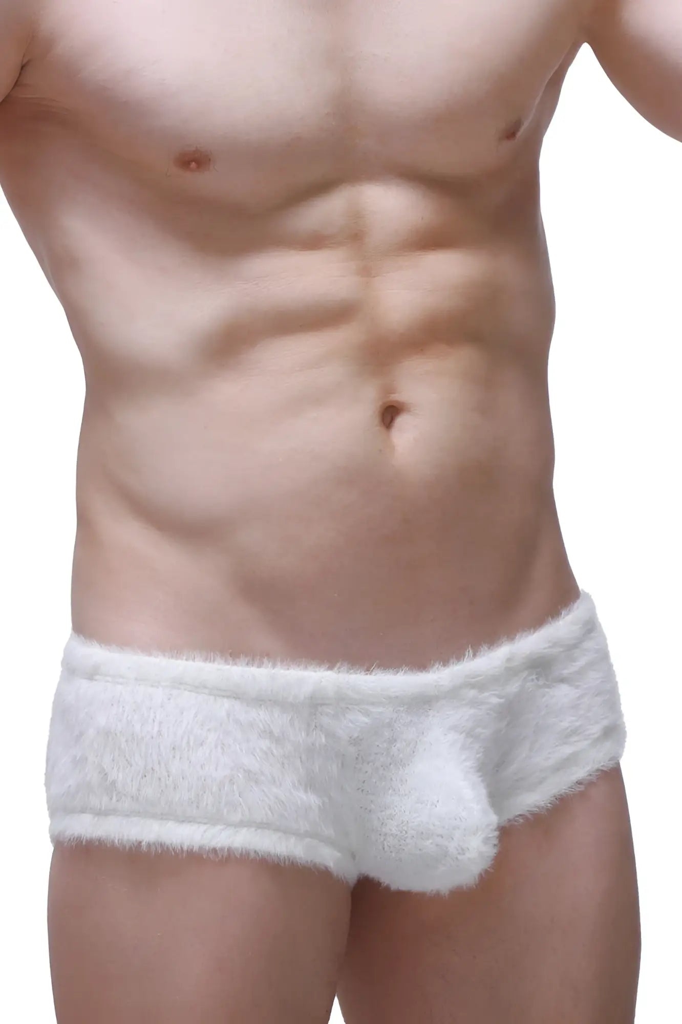 Trunk yeti white briefs with soft plush material and integrated pouch design in white fluffy textured fabric
