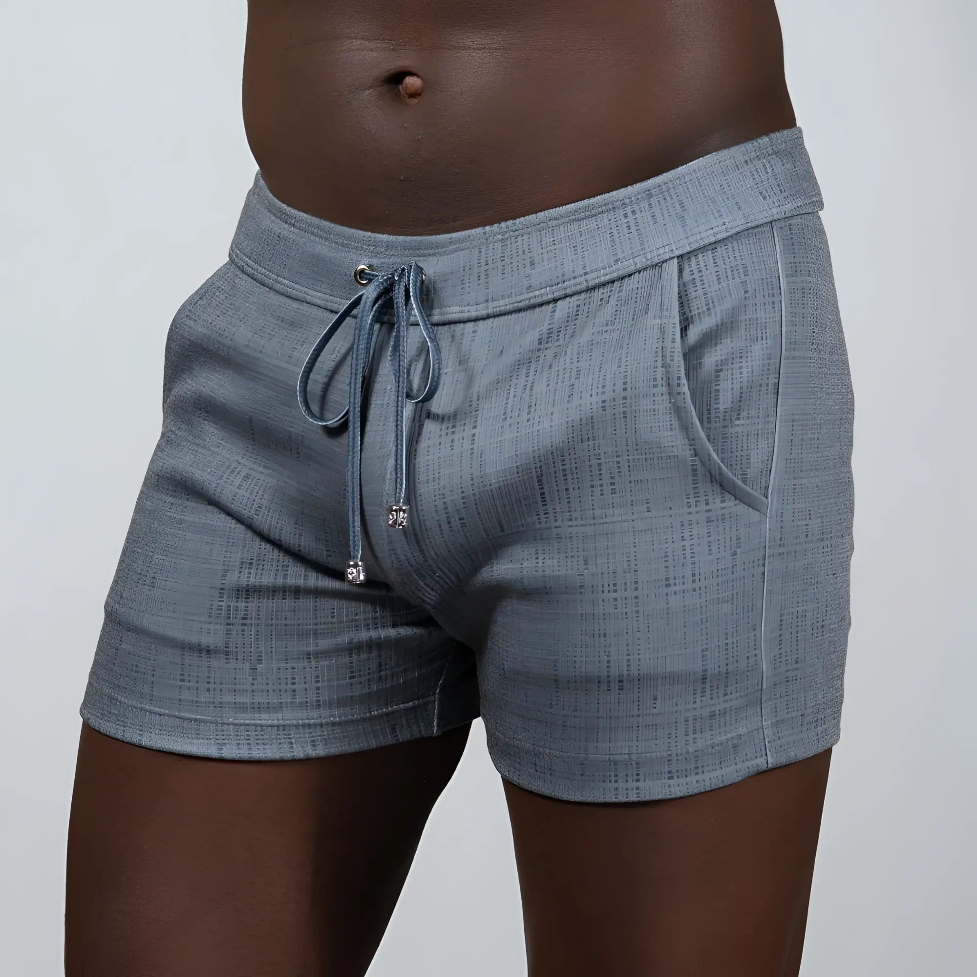 Gray tulio linen texture shorts with drawstring waistband and side pockets in gray textured fabric