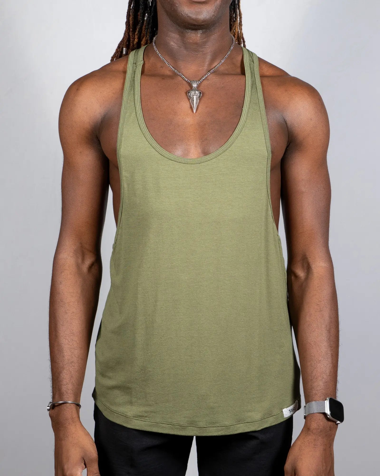 Olive green tulio racerback muscle tank top with scoop neckline and ribbed trim in soft fabric