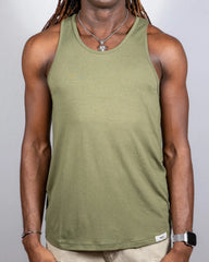 Olive green sleeveless ribbed tank top with a white Tulio brand tag at the bottom right hem