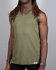 Olive green sleeveless tulio solid tank top with round neckline and small white brand tag at the bottom hem