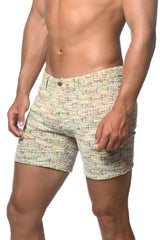 Beige and multicolored tweed-look jacquard stretch knit jeans shorts with textured woven pattern limited-edition