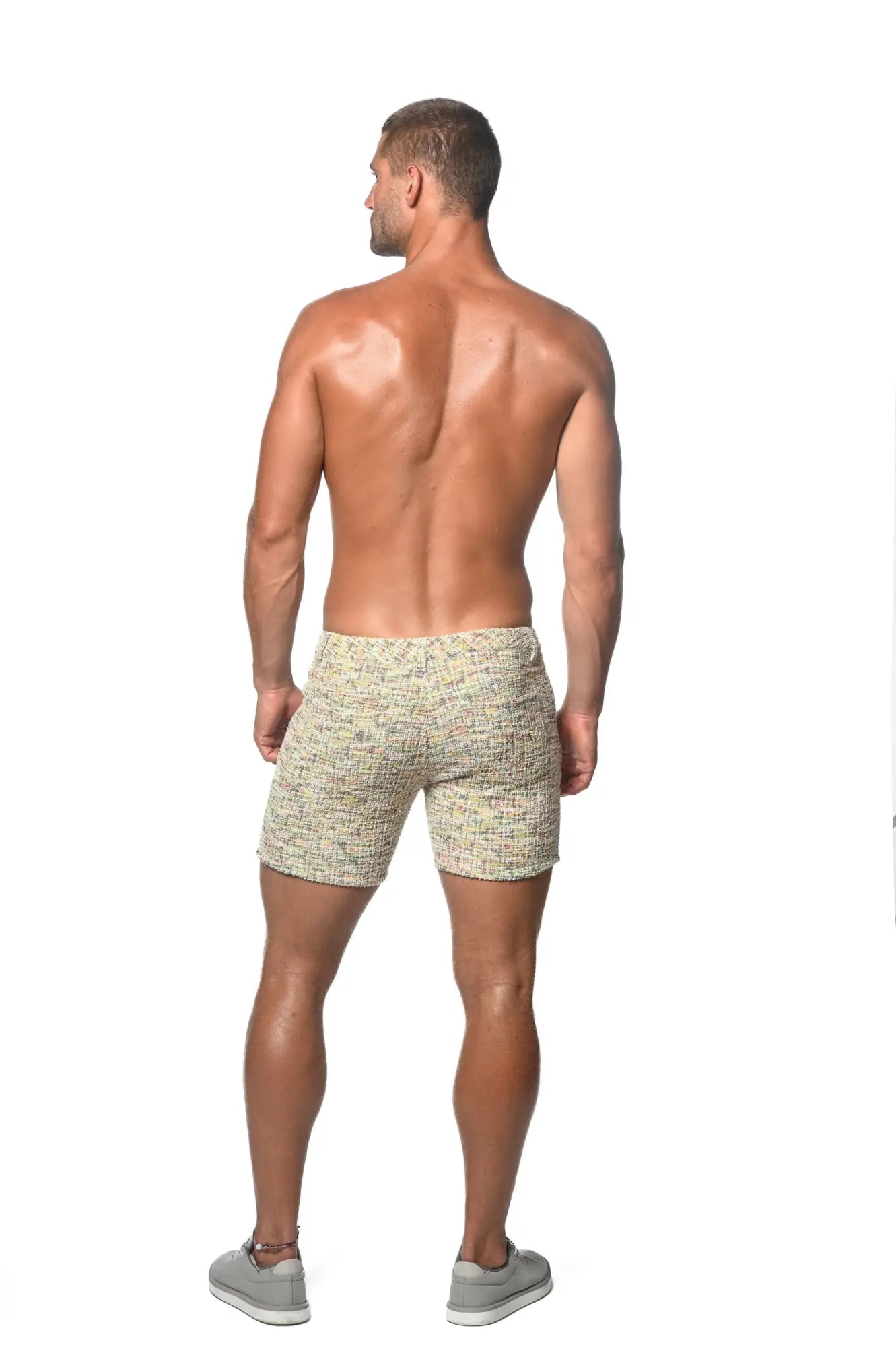 Beige tweed-look jacquard stretch knit jeans shorts with a subtle woven pattern in a limited-edition design