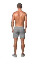 Gray herringbone patterned tweed look jacquard stretch knit jeans shorts with tailored fit limited edition