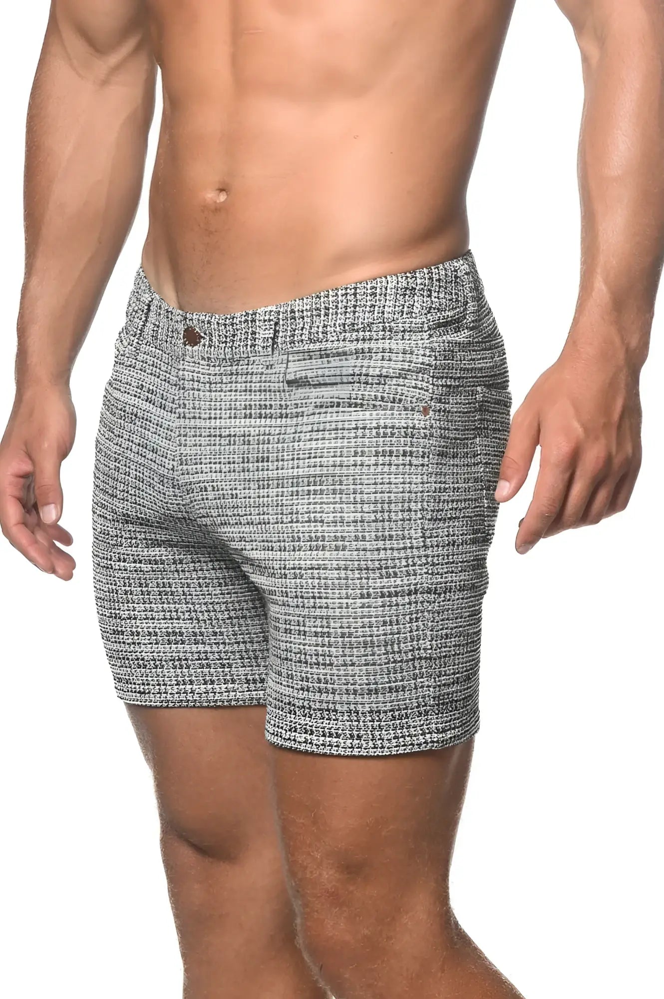 Tweede-look jacquard stretch knit jeans shorts in gray and white herringbone pattern with button closure