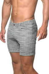 Tweede-look jacquard stretch knit jeans shorts in gray and white herringbone pattern with button closure